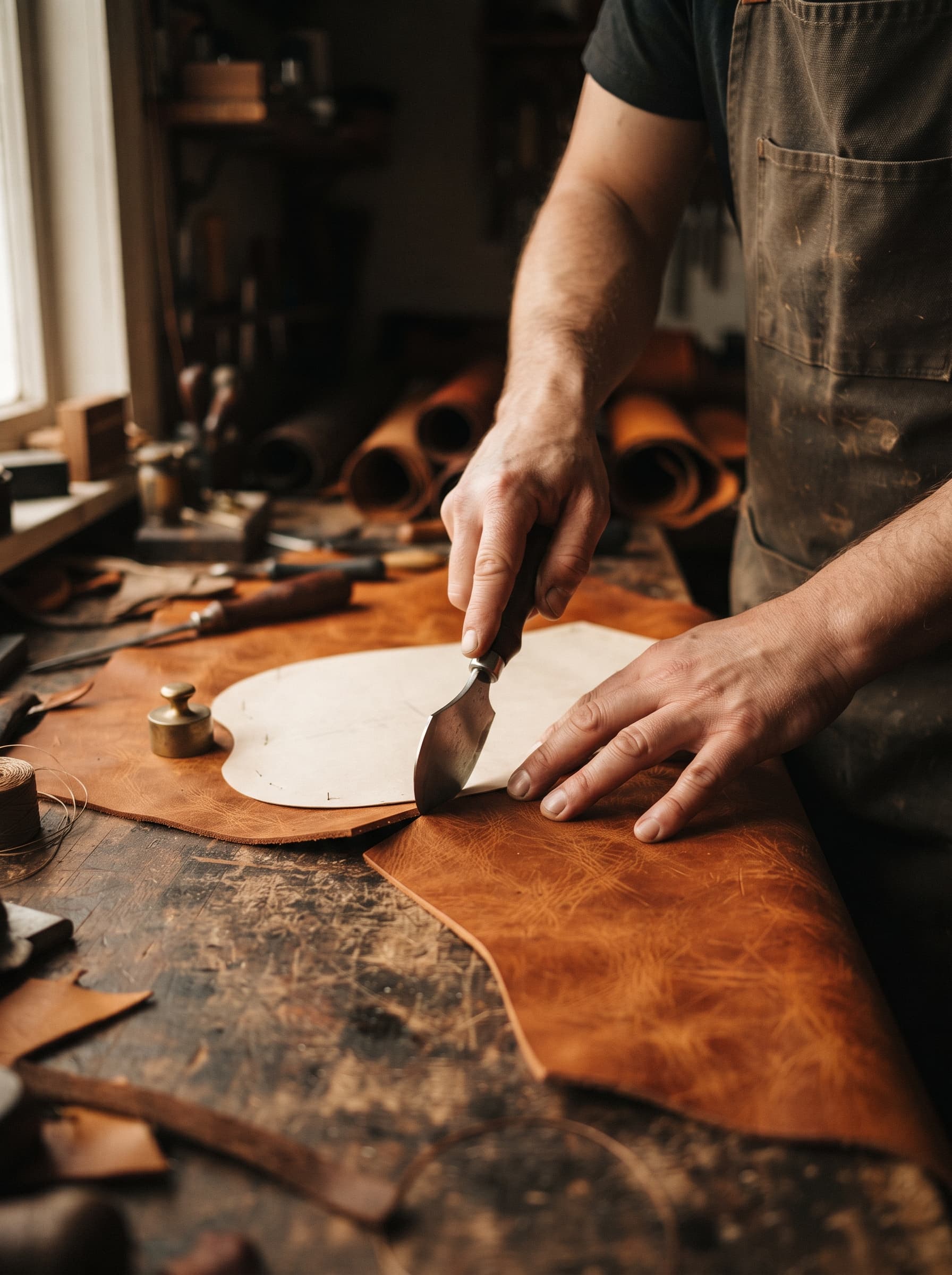 An artisan cutting a pattern from a tan hide with a round knife