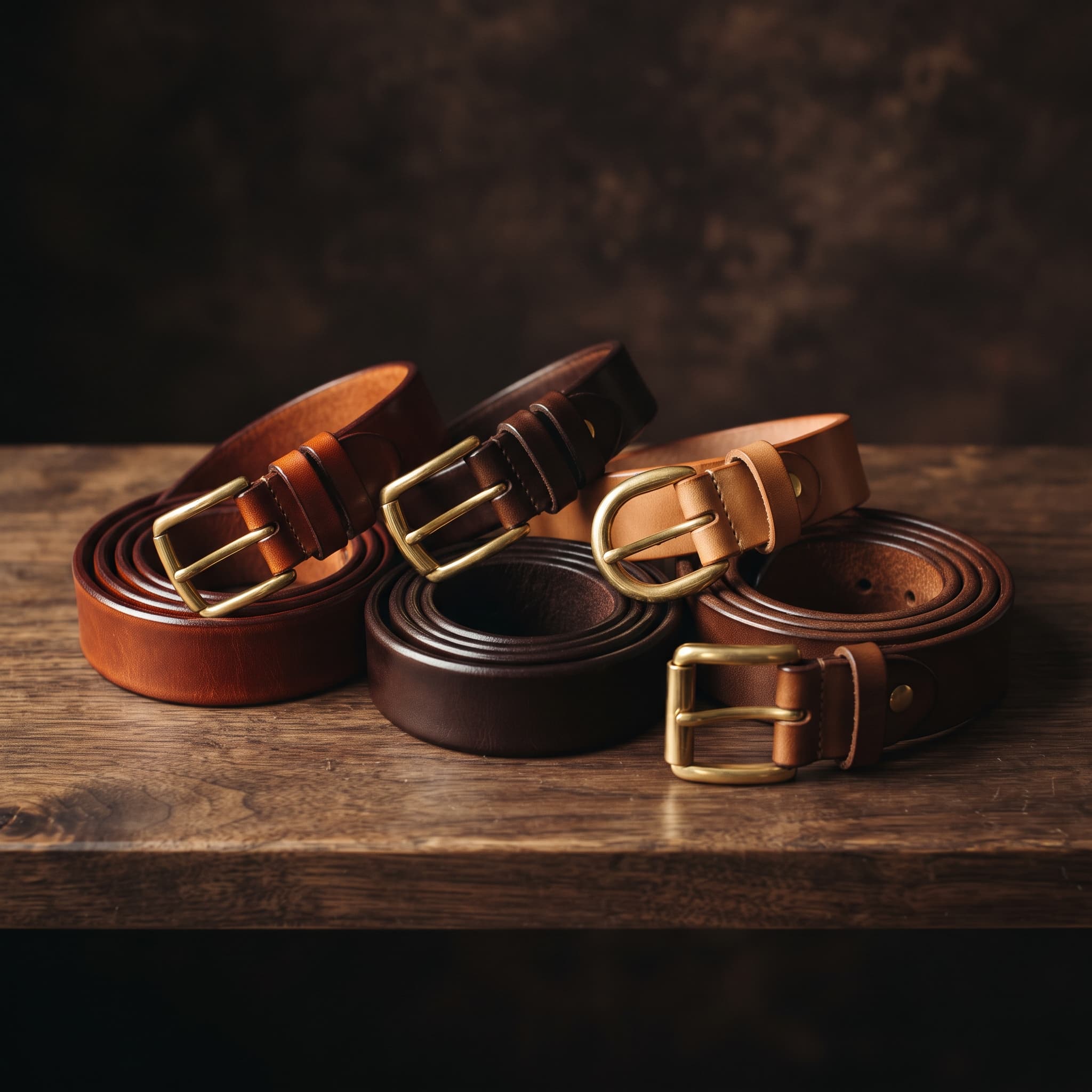 Four coiled leather belts with solid brass buckles resting on a dark wooden bench