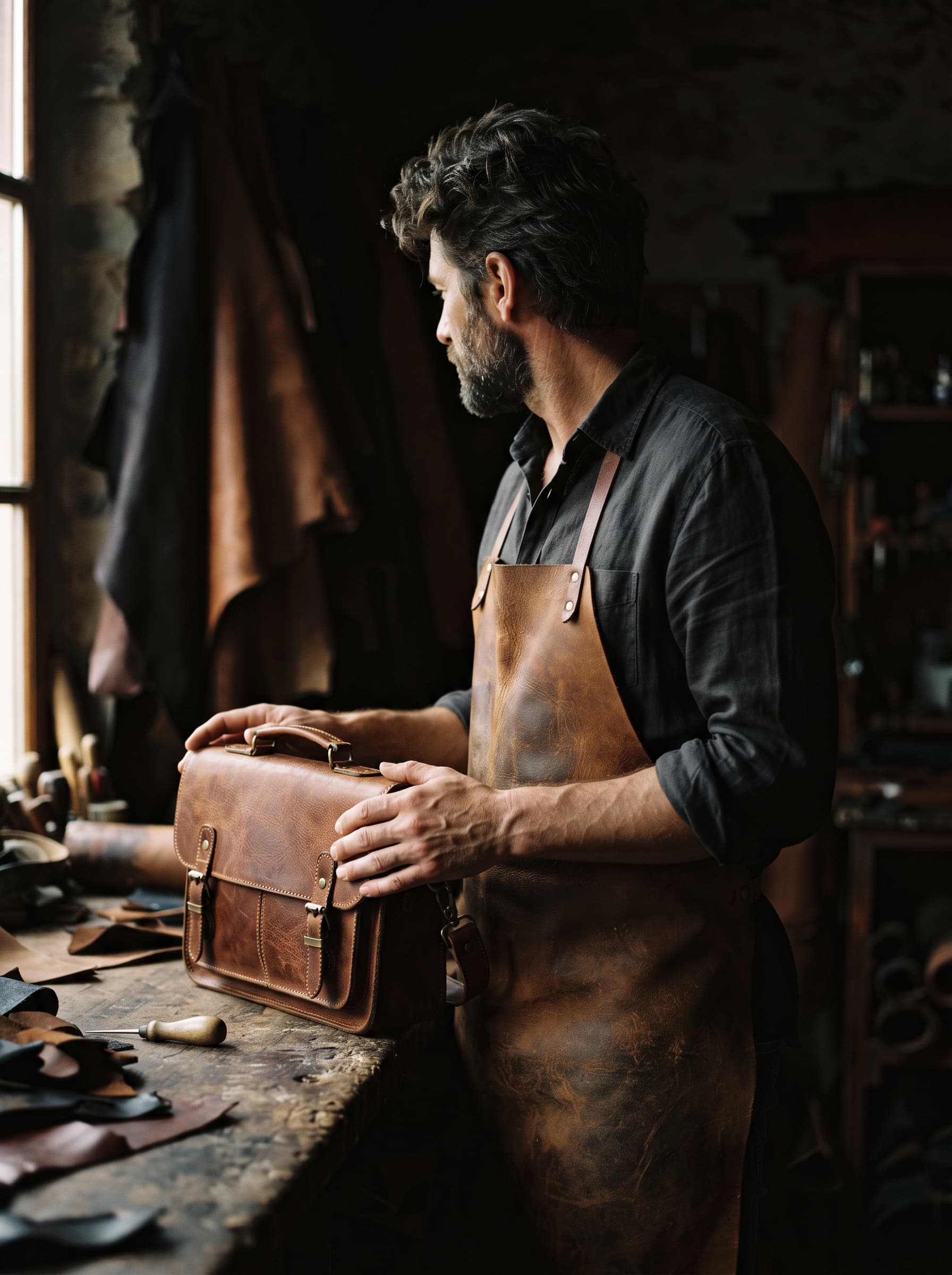 A leather artisan in a work apron holding a finished tan briefcase at the workshop bench