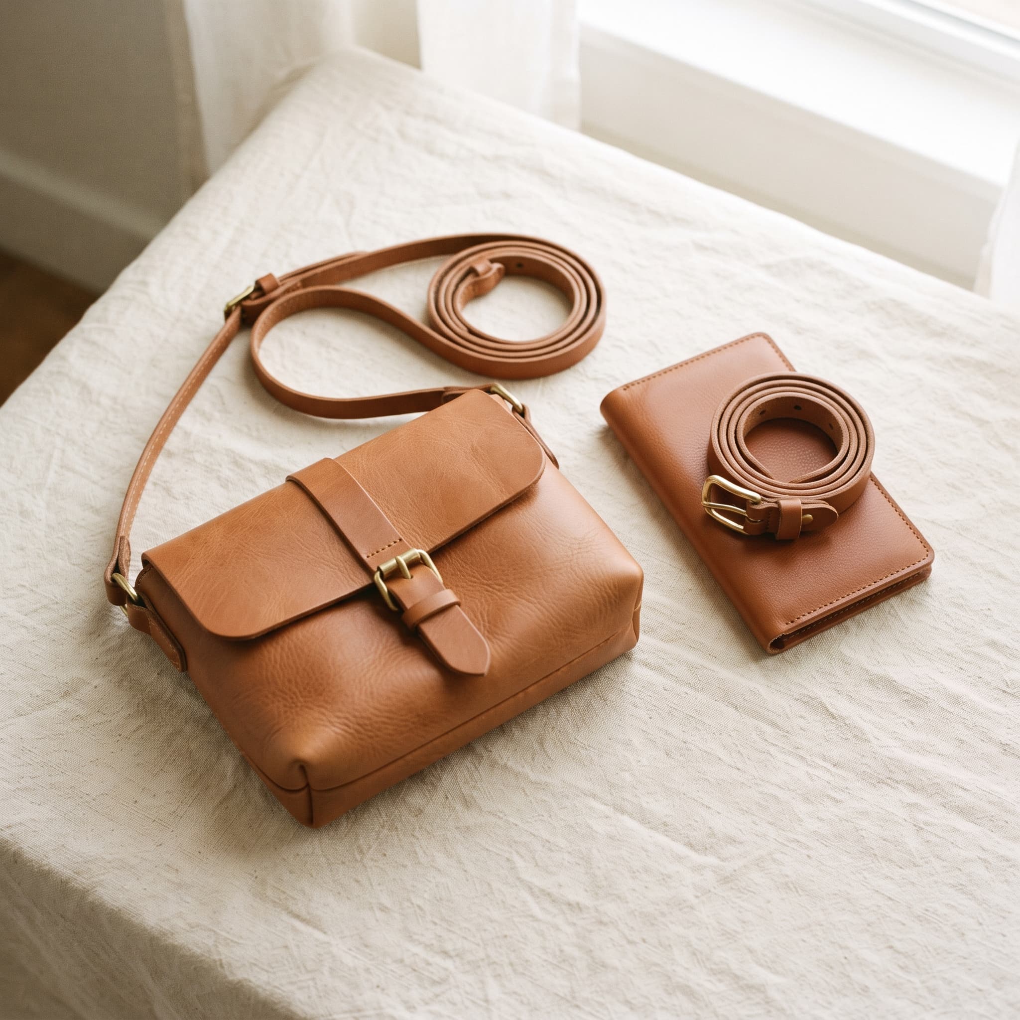A tan crossbody bag, folded belt and wallet on a linen-covered table in daylight