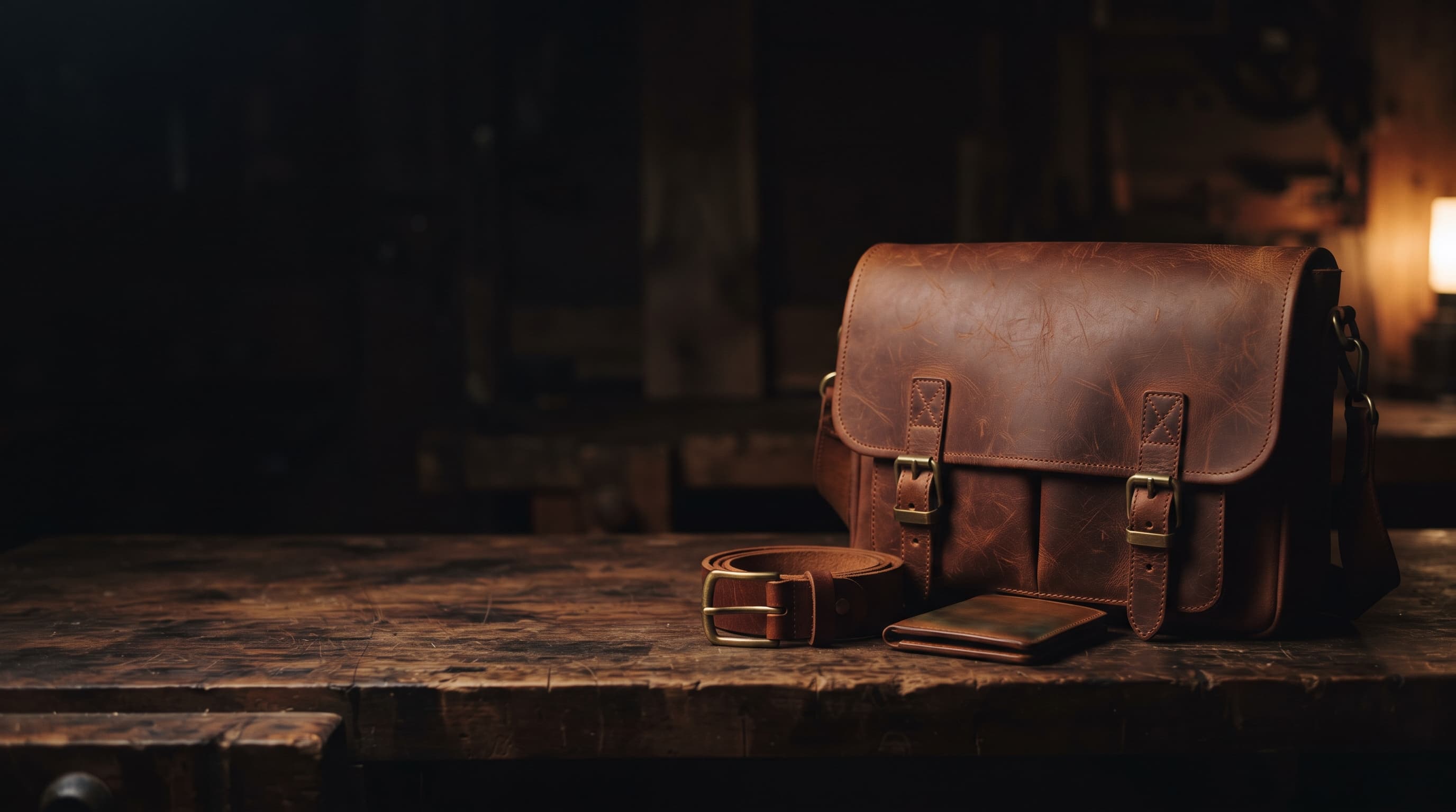 A full-grain leather messenger bag, belt and wallet resting on a workshop bench