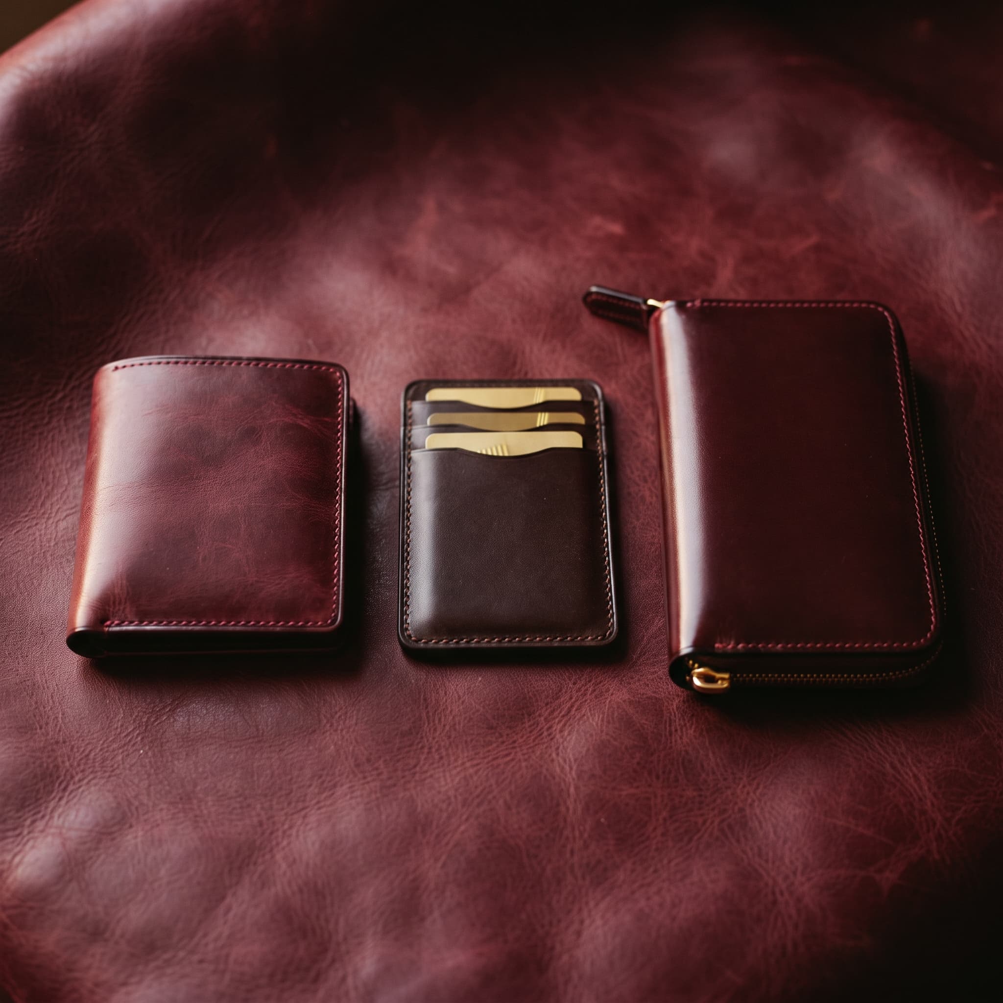 A bifold, a card holder and a zip-around wallet laid out on oxblood leather