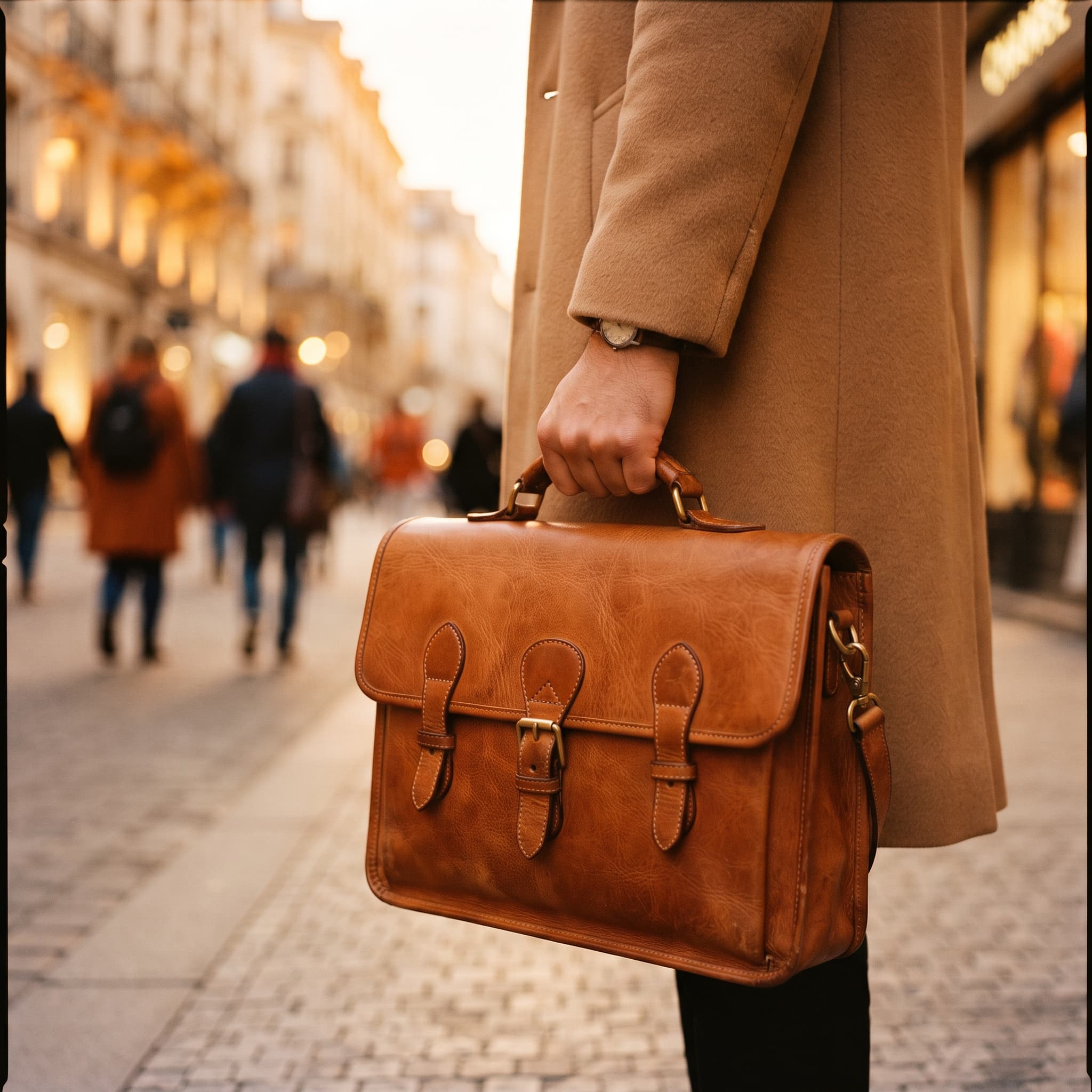 A tan leather briefcase carried by hand along a cobbled street at dusk