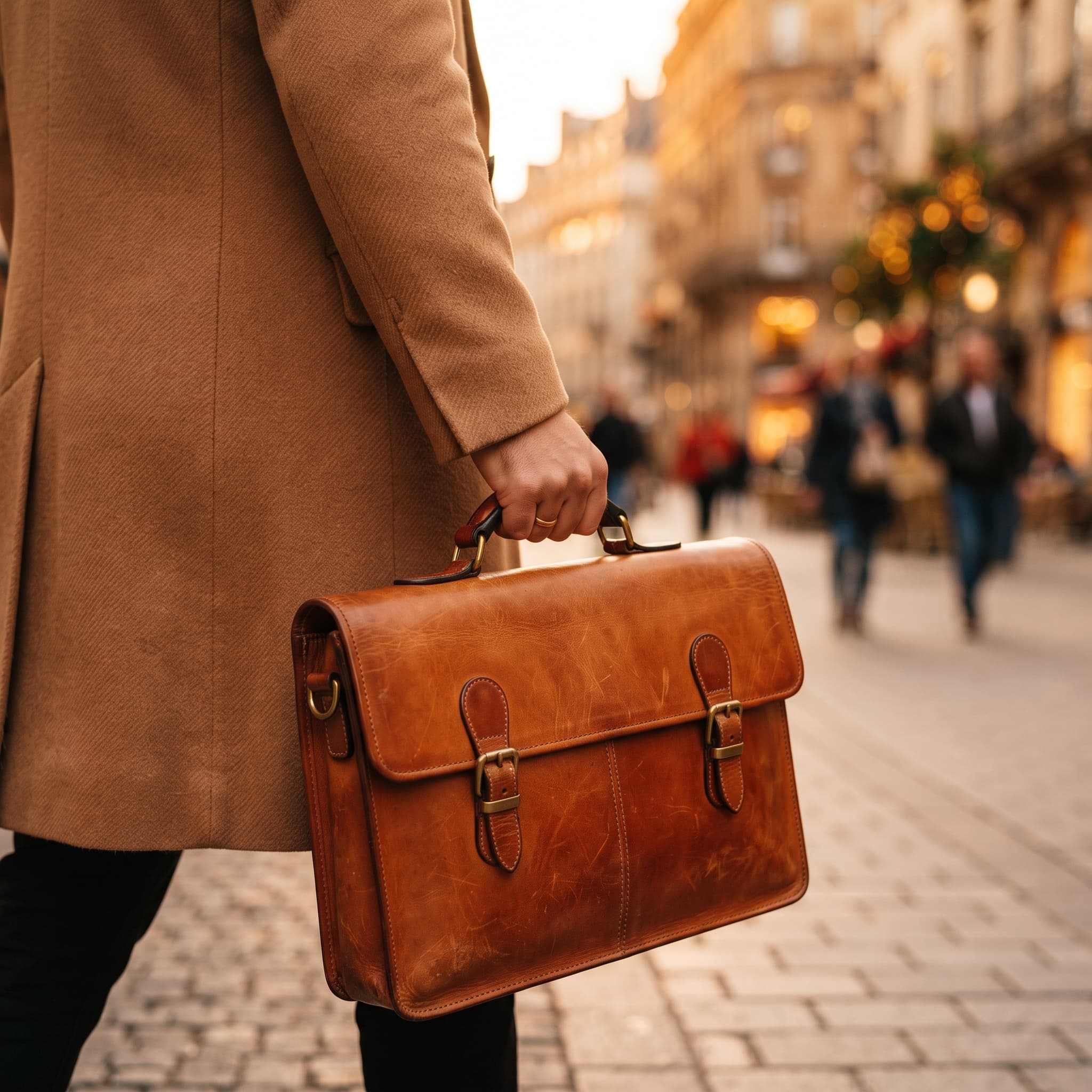 A tan leather briefcase carried beside a camel overcoat on a city street
