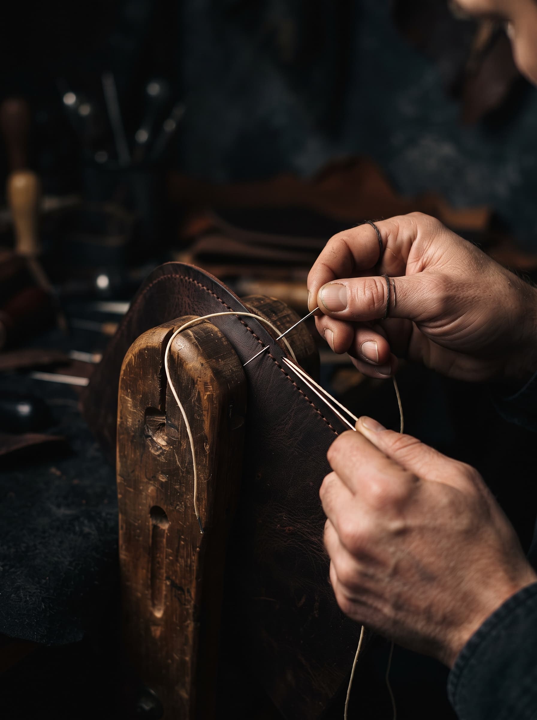 Hands saddle-stitching a leather panel held in a stitching pony, two needles in play