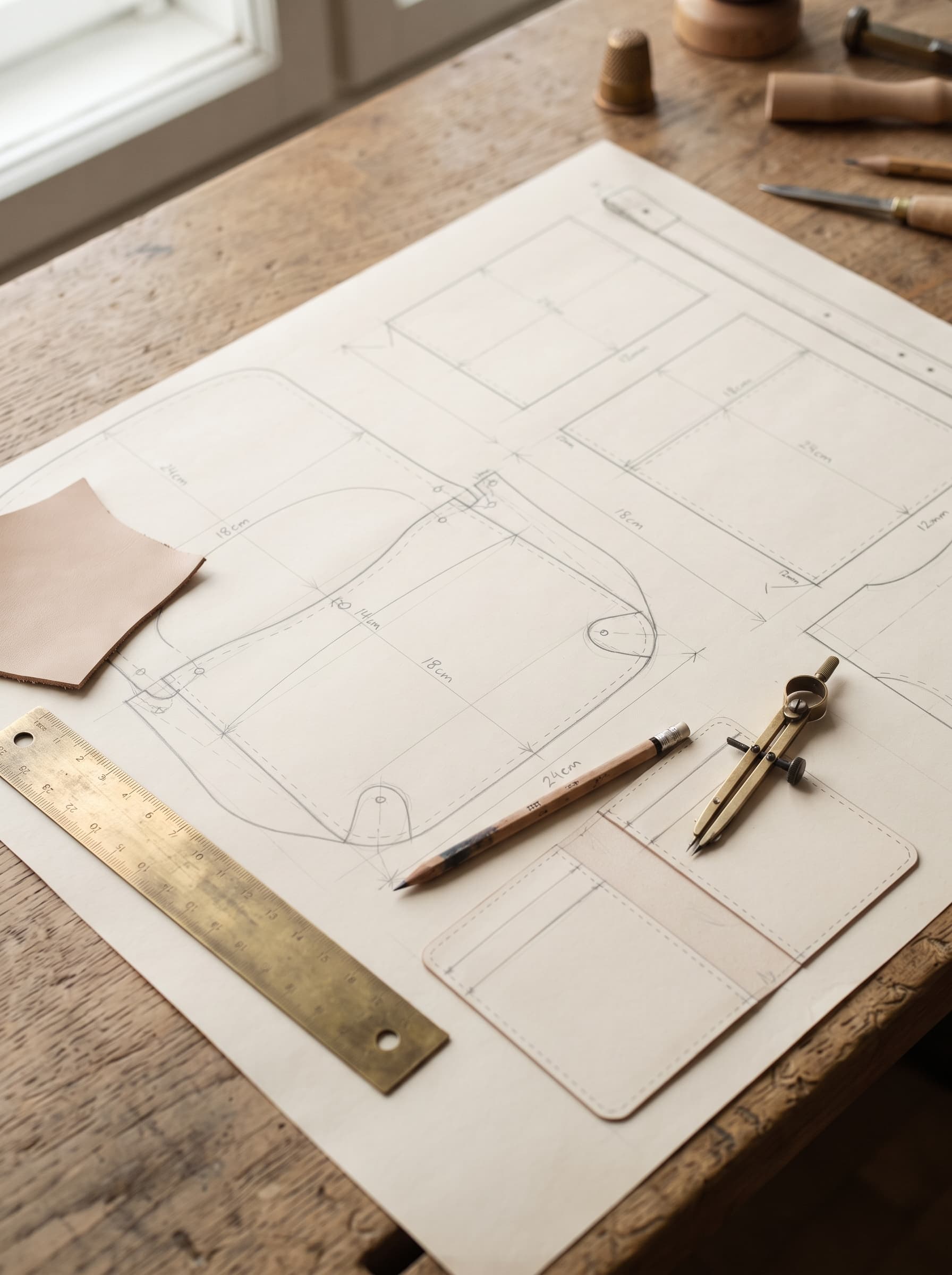 A hand-drawn wallet pattern on paper with a brass rule, dividers and a leather swatch