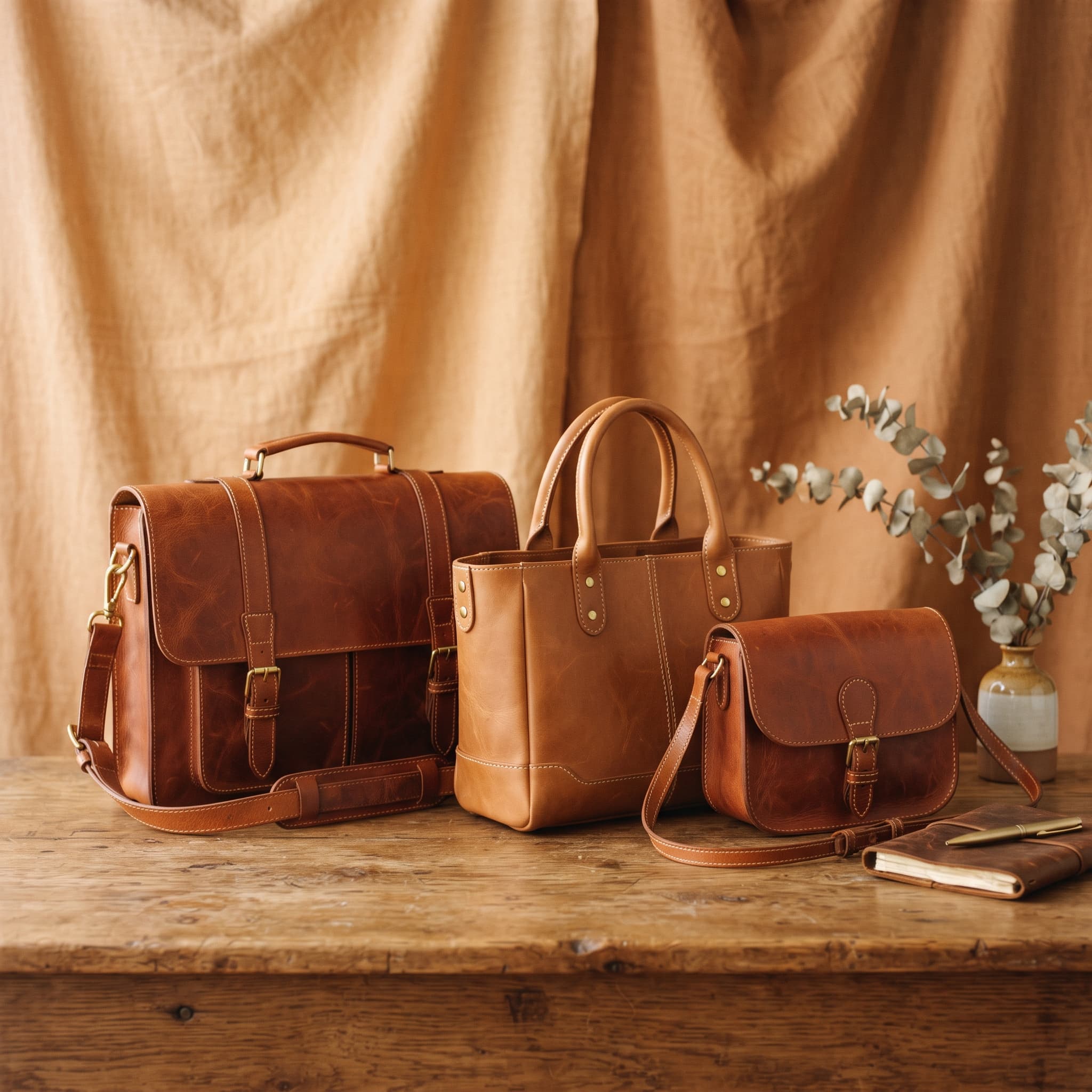 A briefcase, tote and saddle bag in tan leather arranged against a linen backdrop