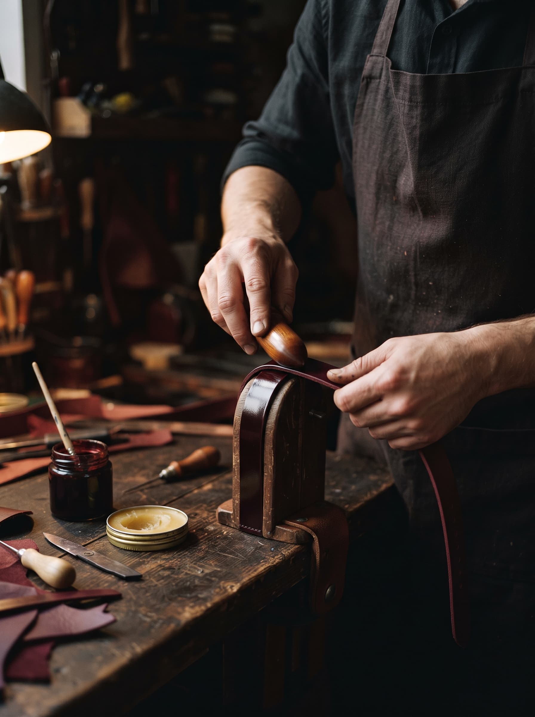 An artisan creasing the edge of a leather strap beside a pot of dye and burnishing tools