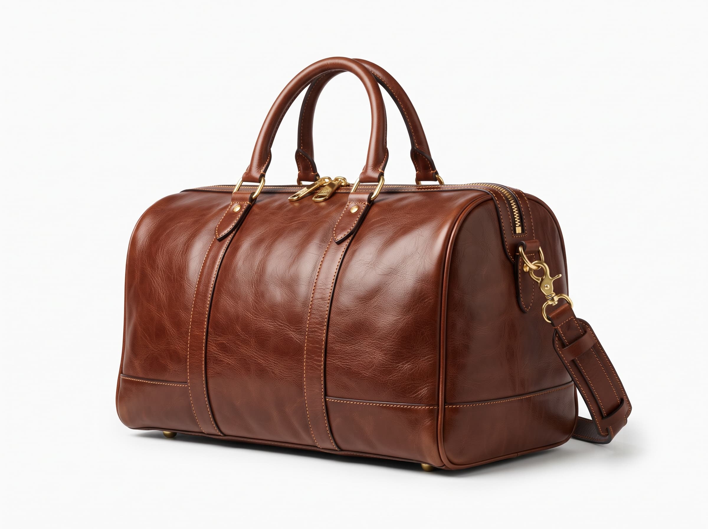 Brown leather weekend duffle with twin handles, brass zip and detachable shoulder strap