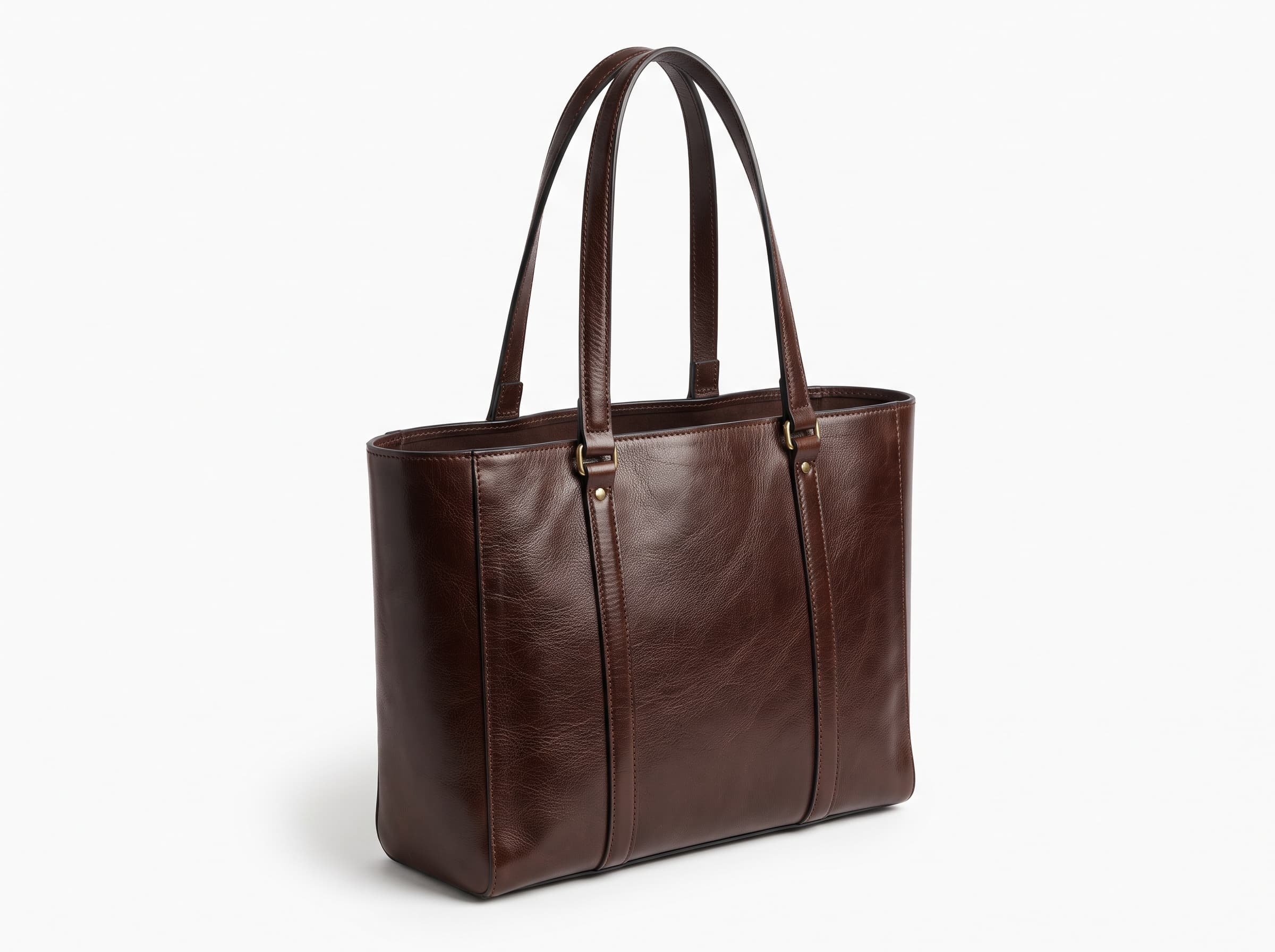 Structured dark brown leather tote with twin rolled handles, three-quarter view