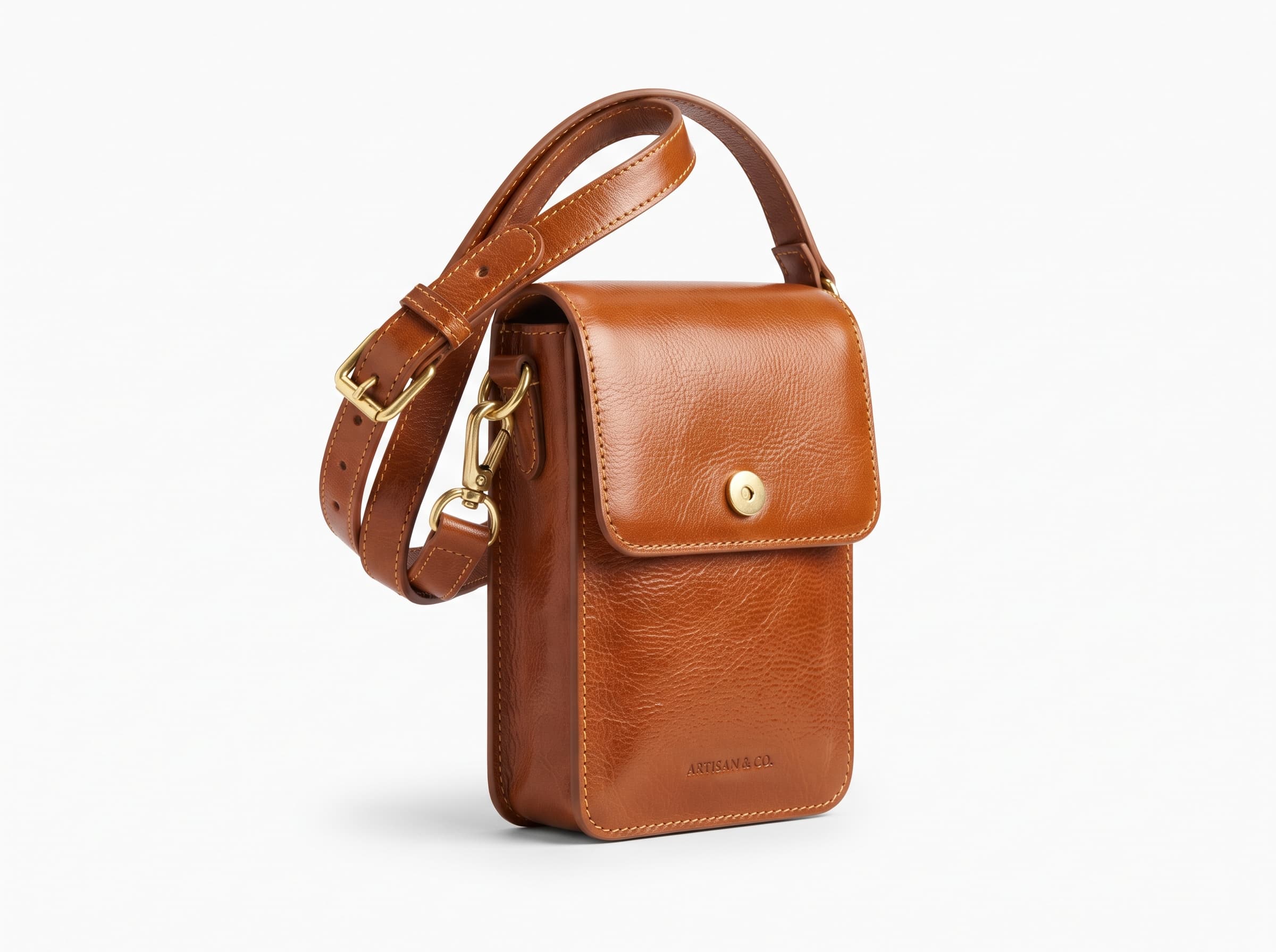 Small tan leather crossbody sling with a flap and brass stud, adjustable strap