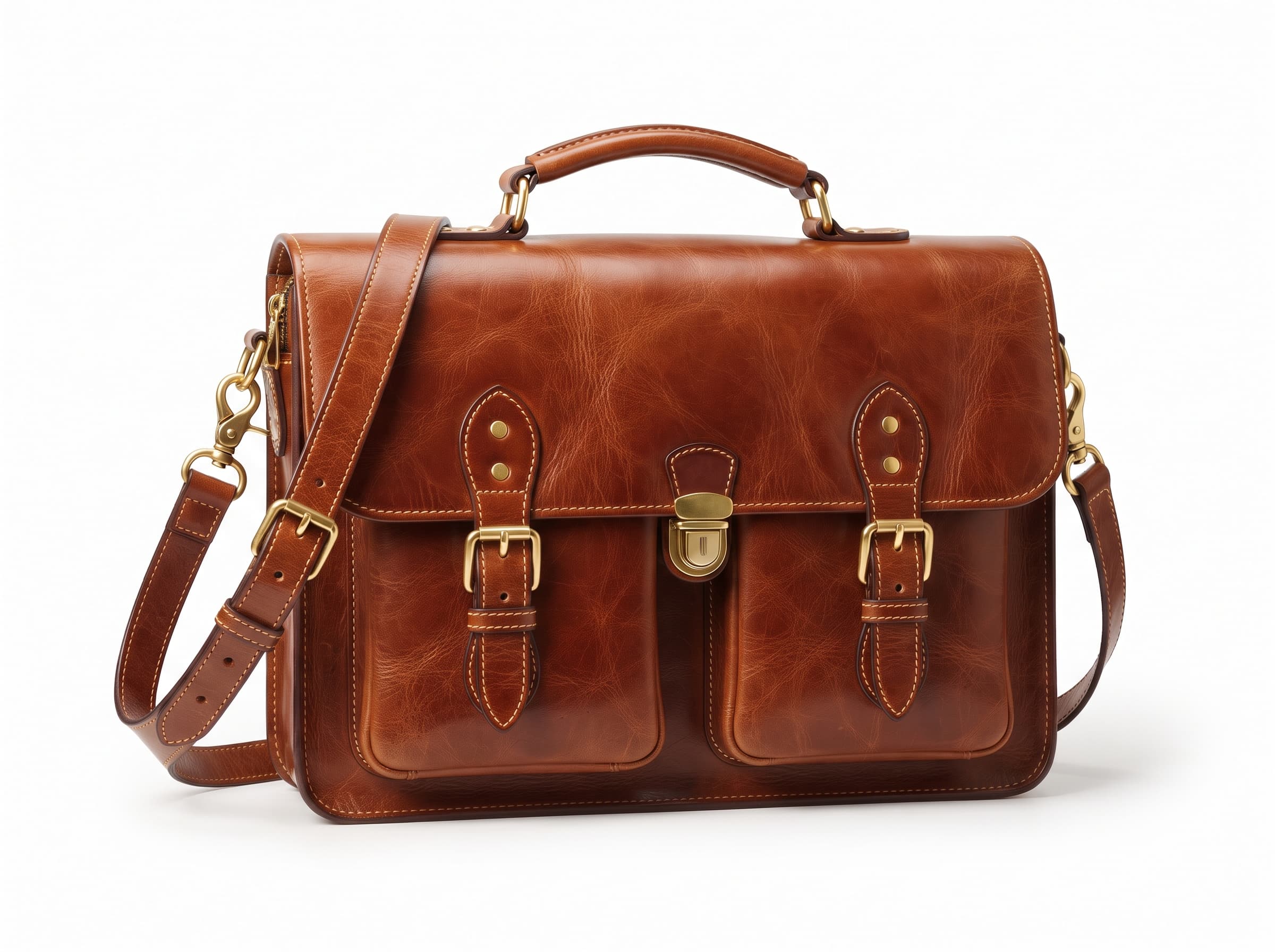 Tan leather briefcase with twin buckled straps, brass catch lock and shoulder strap