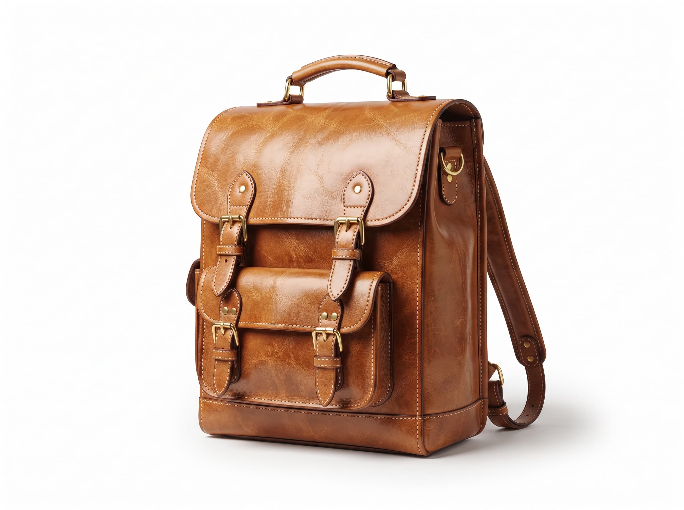 Tan leather backpack with a buckled flap, front pocket and padded straps